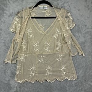 Newport News Top Cardigan Set Women's 16 Beige Lace Sheer Cropped Fairy Core VTG